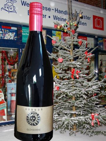 Winzergühwein "Glühsonne" vor Ladenfront Buchhandlung Förster